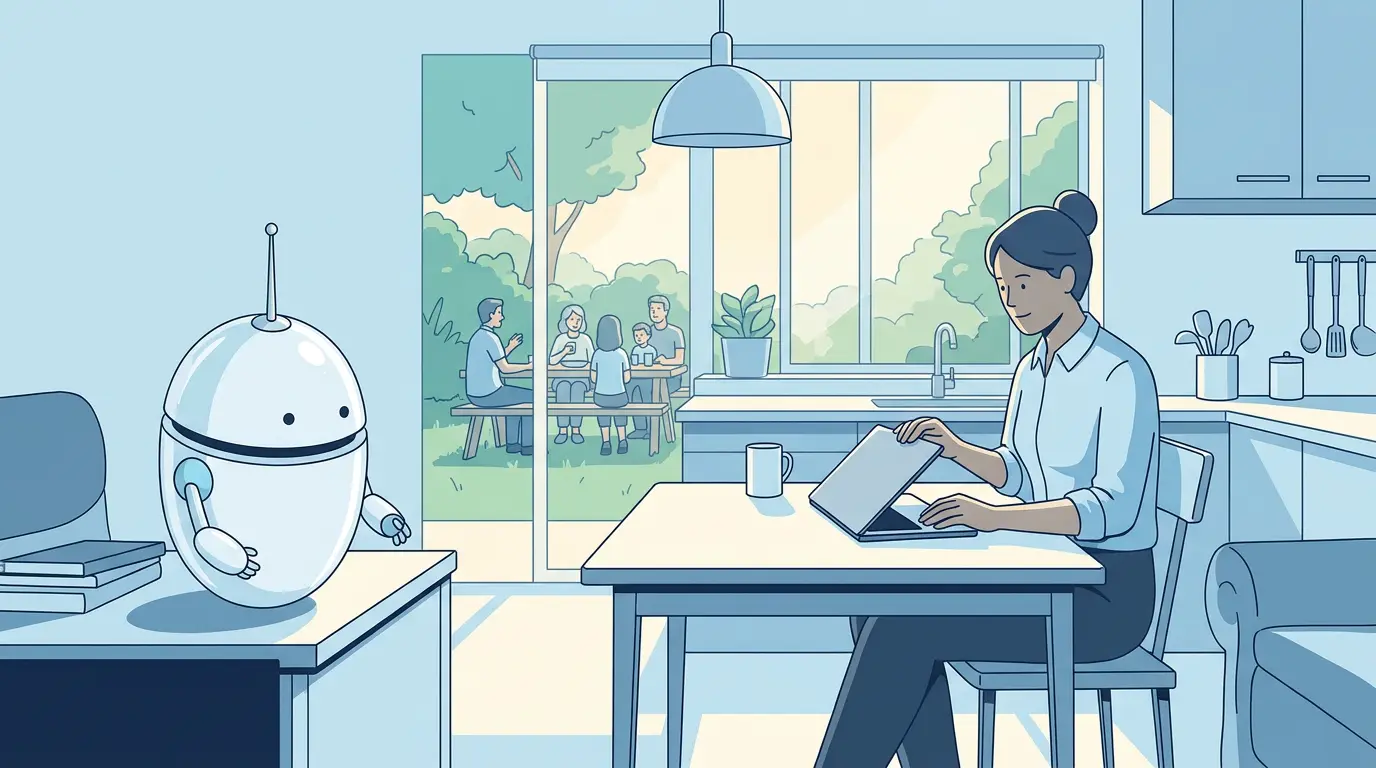 An expert closing a laptop at home while a robot continues the work and family waits in the garden.