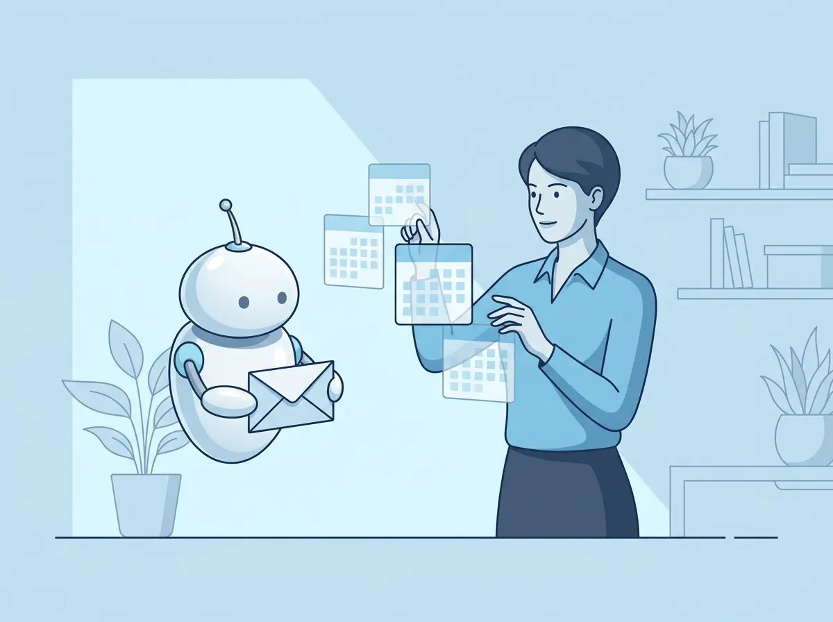 An expert arranging calendar blocks while a robot holds a sealed payment envelope.