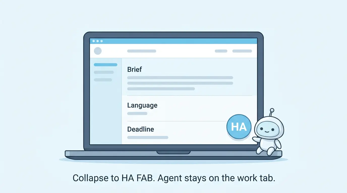 The same laptop with the overlay collapsed to a round HA button and a small robot staying on the page.