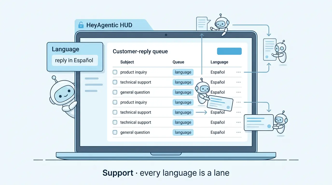 A customer-reply queue with language agents routing Español replies.