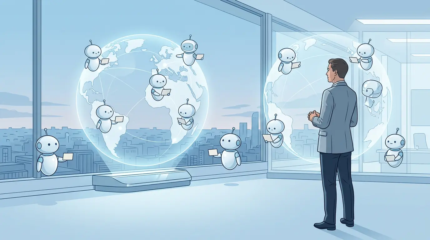 A business owner overlooking a globe of trusted agent nodes holding task cards.