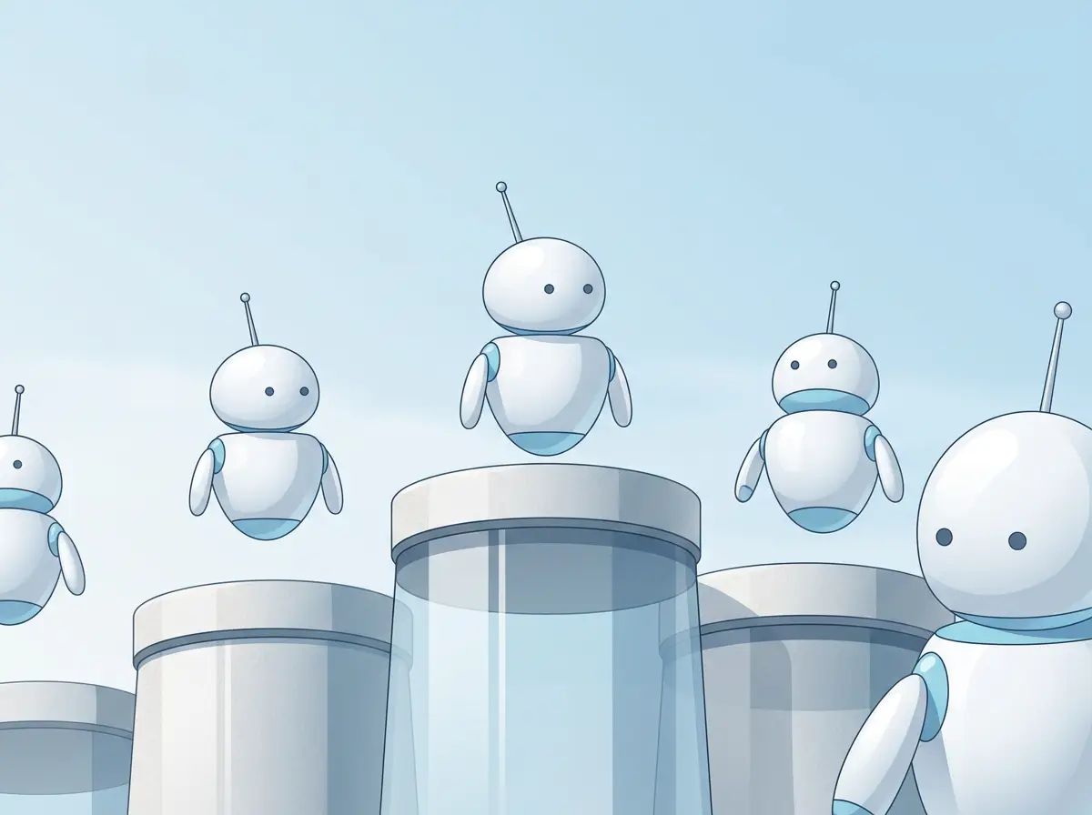 A small robot standing on abstract pillars of trusted infrastructure.