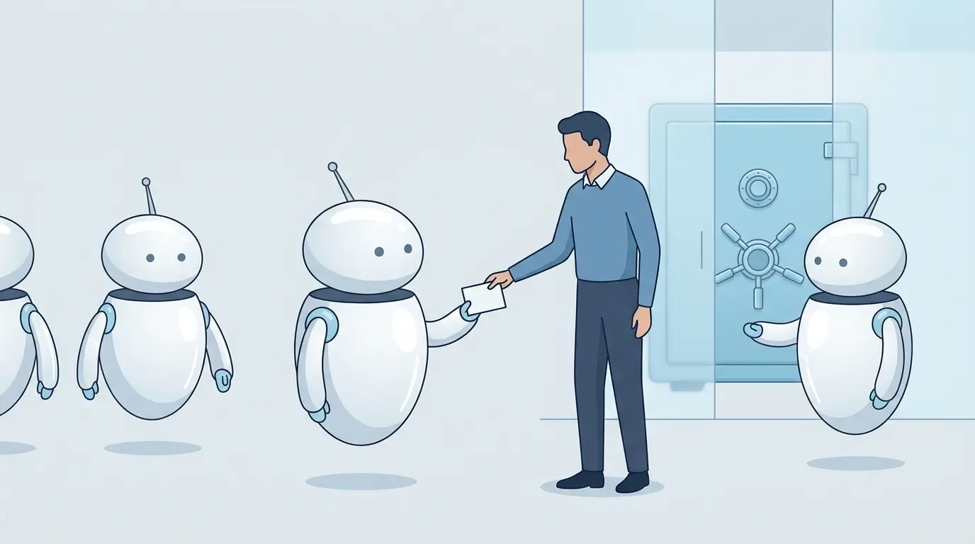 An expert handing a blank task card to a robot while a vault stays closed behind glass.